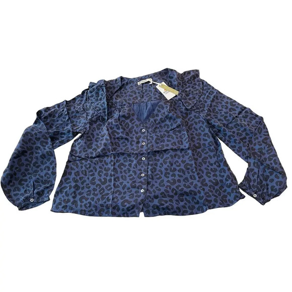 NWT Marine Layer Size Small Rory Long Sleeve Ruffle Blouse Cheetah Blue Purple - Picture 2 of 11